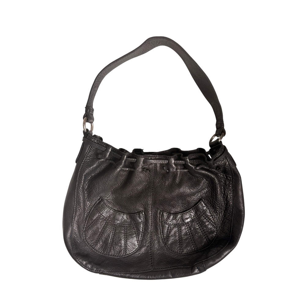 Lucky Brand Black Pebbled Leather Hobo Bag Floral Lining Shell Pockets